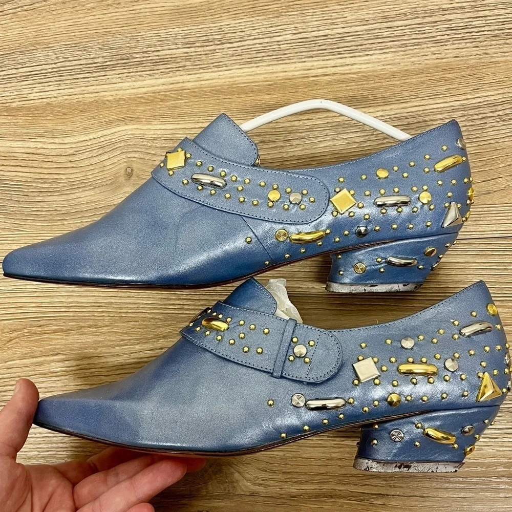Fantasy Vintage 1980s Blue Leather Pumps - Size 7.5 Sculptural Jewel-Like Studs